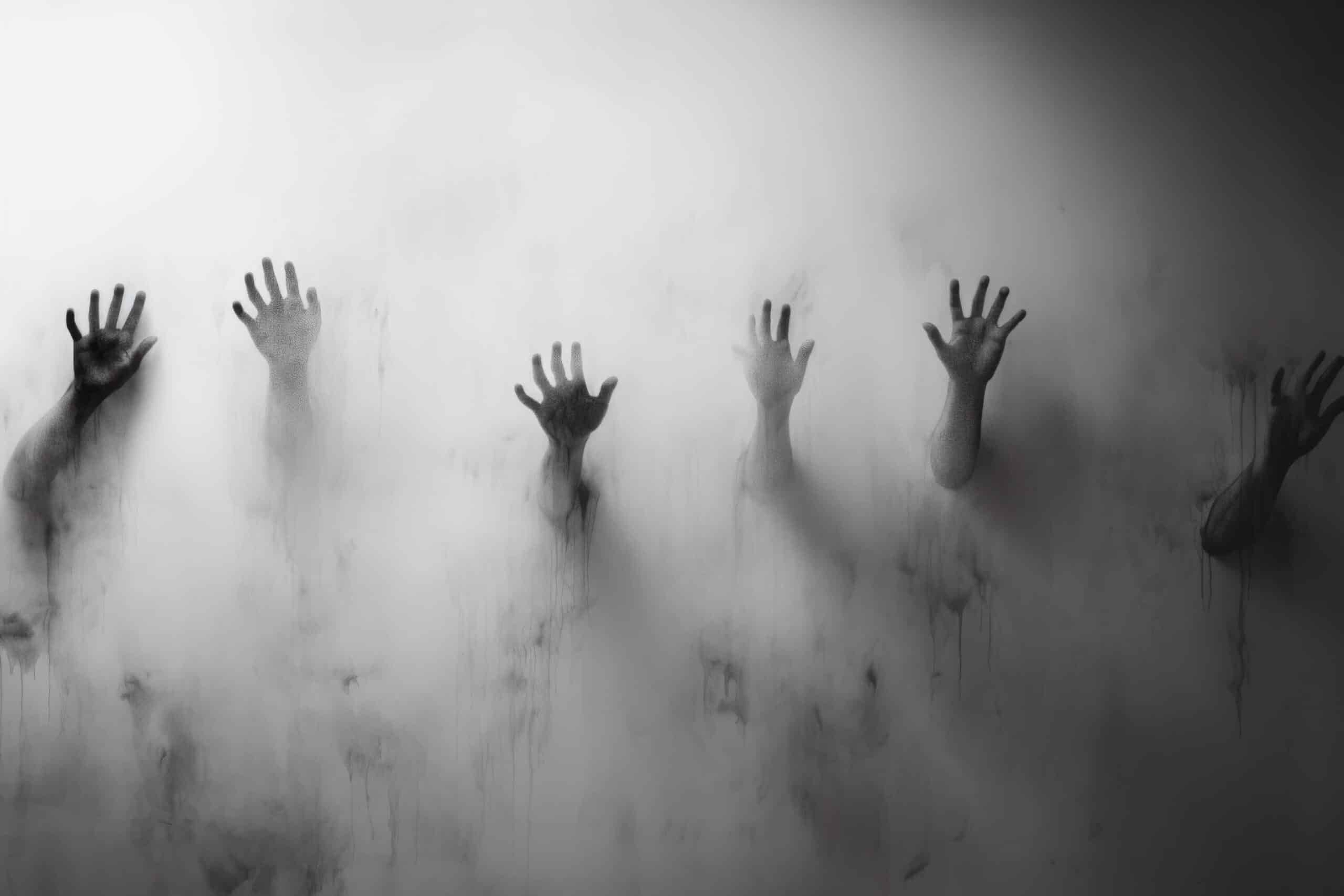 a group of hands reaching out of the fog in a transformative workplace environment